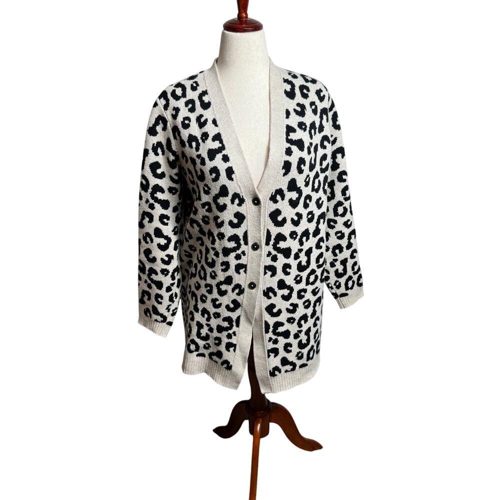 J. Jill animal print cardigan sweater tan brown button up longer length Sz L